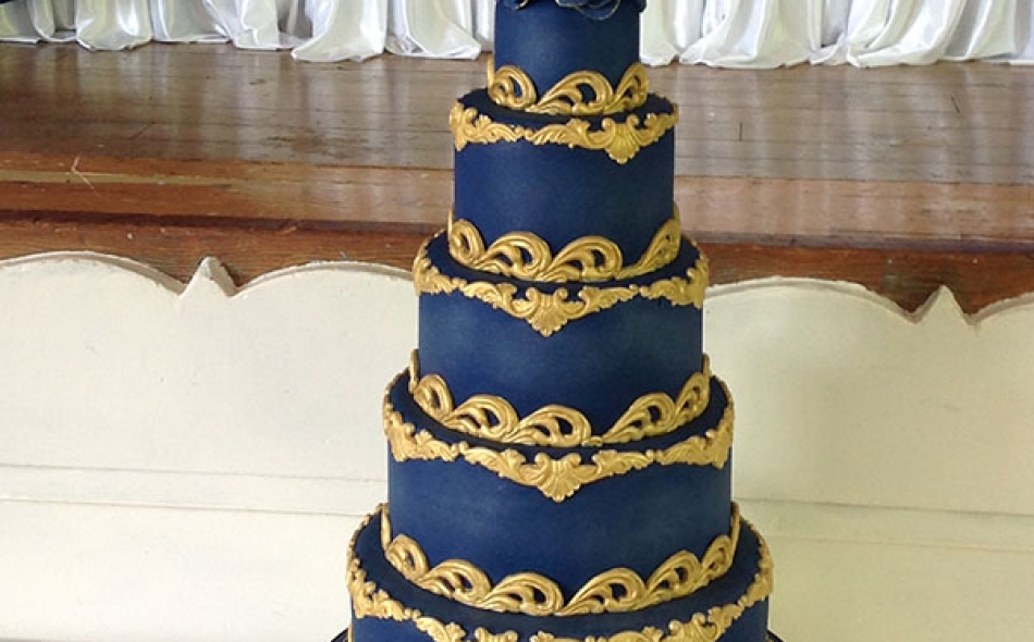5 Tier Blue and Gold Baroque Wedding Cake from £695
